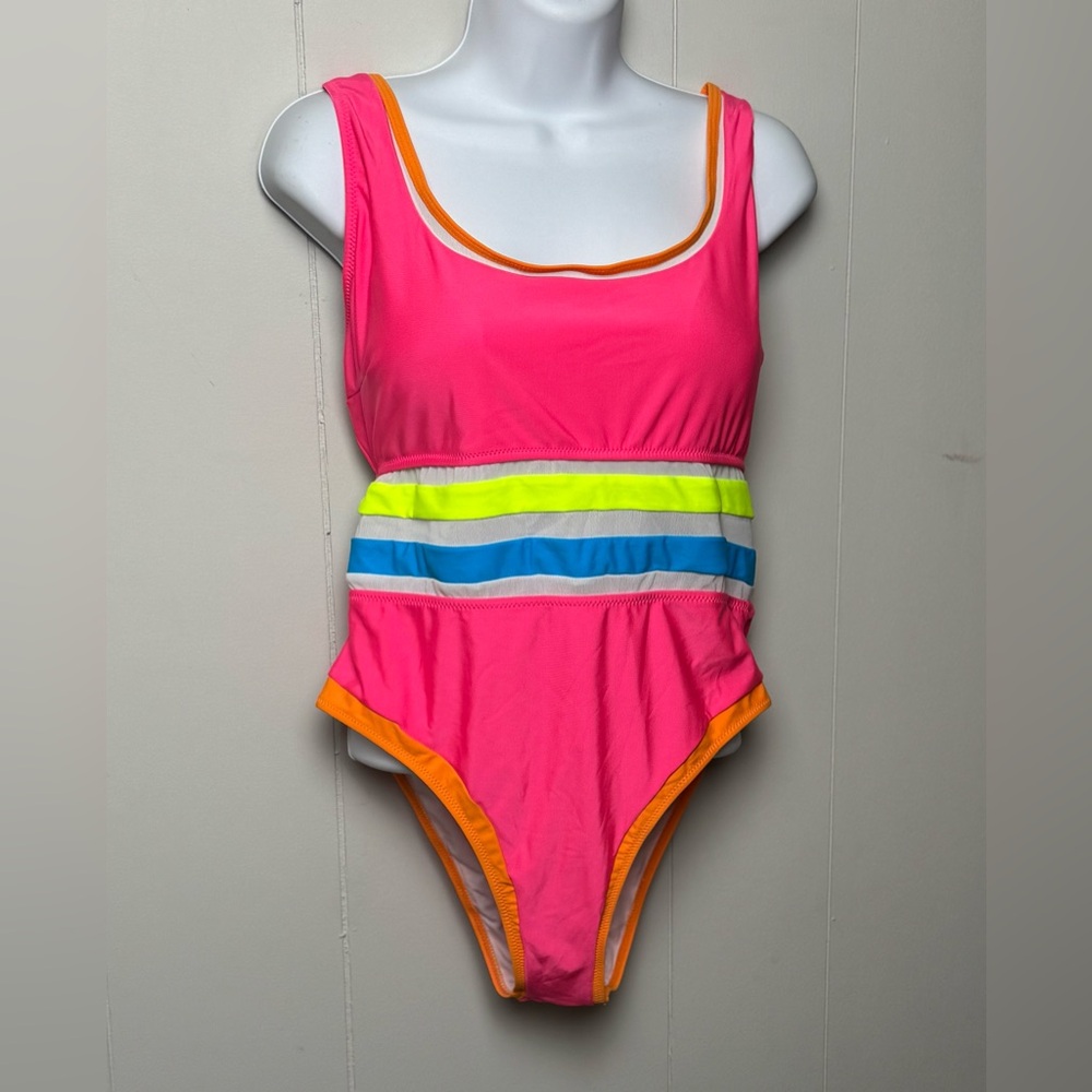 NWOT Pink Colorblock 1 Piece Acoop Neck High Leg Cross Back Straps Tieback Sz XL